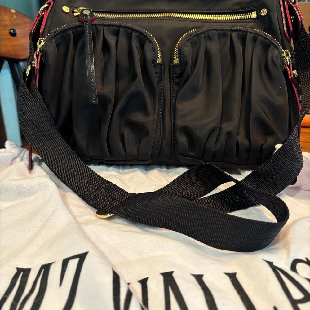 MZ Wallace Black and Gold Crossbody Bag with Ruched Design